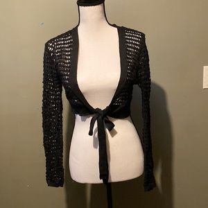 Cropped tie-front cardigan sweater w/sequins, size L